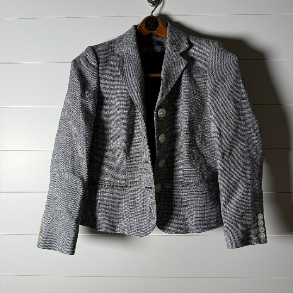 Lauren Ralph Lauren Petite Black & White Houndstooth Blazer 100% Linen Sz 4P - Picture 7 of 10